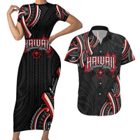 Traditional Art Hawaiian Kakau Tattoos Couples Matching Short Sleeve Bodycon Dress and Hawaiian Shirt Red Color - Polynesian Pride
