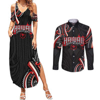 Traditional Art Hawaiian Kakau Tattoos Couples Matching Summer Maxi Dress and Long Sleeve Button Shirt Red Color - Polynesian Pride