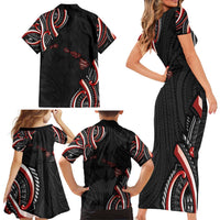 Traditional Art Hawaiian Kakau Tattoos Family Matching Short Sleeve Bodycon Dress and Hawaiian Shirt Red Color - Polynesian Pride