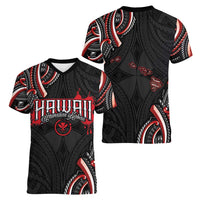 Traditional Art Hawaiian Kakau Tattoos Women V-Neck T-Shirt Red Color - Polynesian Pride