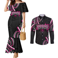 Traditional Art Hawaiian Kakau Tattoos Couples Matching Mermaid Dress and Long Sleeve Button Shirt Pink Color - Polynesian Pride