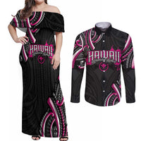 Traditional Art Hawaiian Kakau Tattoos Couples Matching Off Shoulder Maxi Dress and Long Sleeve Button Shirt Pink Color - Polynesian Pride