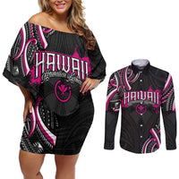 Traditional Art Hawaiian Kakau Tattoos Couples Matching Off Shoulder Short Dress and Long Sleeve Button Shirt Pink Color - Polynesian Pride
