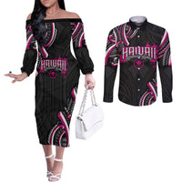 Traditional Art Hawaiian Kakau Tattoos Couples Matching Off The Shoulder Long Sleeve Dress and Long Sleeve Button Shirt Pink Color - Polynesian Pride