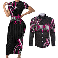 Traditional Art Hawaiian Kakau Tattoos Couples Matching Short Sleeve Bodycon Dress and Long Sleeve Button Shirt Pink Color - Polynesian Pride