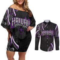 Traditional Art Hawaiian Kakau Tattoos Couples Matching Off Shoulder Short Dress and Long Sleeve Button Shirt Purple Color - Polynesian Pride
