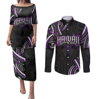 Traditional Art Hawaiian Kakau Tattoos Couples Matching Puletasi and Long Sleeve Button Shirt Purple Color - Polynesian Pride