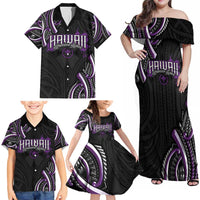 Traditional Art Hawaiian Kakau Tattoos Family Matching Off Shoulder Maxi Dress and Hawaiian Shirt Purple Color - Polynesian Pride