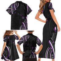 Traditional Art Hawaiian Kakau Tattoos Family Matching Short Sleeve Bodycon Dress and Hawaiian Shirt Purple Color - Polynesian Pride
