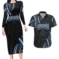 Traditional Art Hawaiian Kakau Tattoos Couples Matching Long Sleeve Bodycon Dress and Hawaiian Shirt Blue Color - Polynesian Pride
