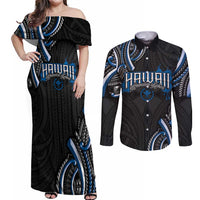 Traditional Art Hawaiian Kakau Tattoos Couples Matching Off Shoulder Maxi Dress and Long Sleeve Button Shirt Blue Color - Polynesian Pride