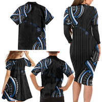 Traditional Art Hawaiian Kakau Tattoos Family Matching Long Sleeve Bodycon Dress and Hawaiian Shirt Blue Color - Polynesian Pride