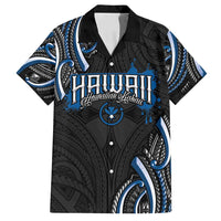 Traditional Art Hawaiian Kakau Tattoos Family Matching Off Shoulder Short Dress and Hawaiian Shirt Blue Color - Polynesian Pride
