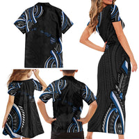 Traditional Art Hawaiian Kakau Tattoos Family Matching Short Sleeve Bodycon Dress and Hawaiian Shirt Blue Color - Polynesian Pride