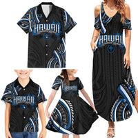 Traditional Art Hawaiian Kakau Tattoos Family Matching Summer Maxi Dress and Hawaiian Shirt Blue Color - Polynesian Pride
