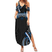 Traditional Art Hawaiian Kakau Tattoos Family Matching Summer Maxi Dress and Hawaiian Shirt Blue Color - Polynesian Pride