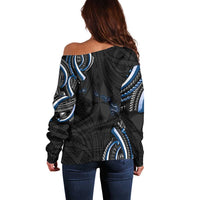 Traditional Art Hawaiian Kakau Tattoos Off Shoulder Sweater Blue Color - Polynesian Pride