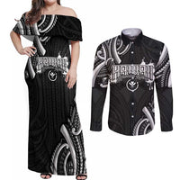 Traditional Art Hawaiian Kakau Tattoos Couples Matching Off Shoulder Maxi Dress and Long Sleeve Button Shirt White - Polynesian Pride