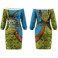 Tuvalu and Australia Together Couples Matching Off The Shoulder Long Sleeve Dress and Long Sleeve Button Shirt Tapa Pattern and Aboriginal mix Culture LT03 - Polynesian Pride