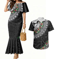 Fiji Hibiscus Couples Matching Mermaid Dress and Hawaiian Shirt Tapa Masi Motifs with Tropical Plants LT03 Black - Polynesian Pride