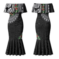 Fiji Hibiscus Family Matching Mermaid Dress and Hawaiian Shirt Tapa Masi Motifs with Tropical Plants LT03 Mom's Dress Black - Polynesian Pride