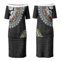 Fiji Hibiscus Family Matching Puletasi and Hawaiian Shirt Tapa Masi Motifs with Tropical Plants LT03 Mom's Dress Black - Polynesian Pride