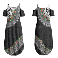 Fiji Hibiscus Family Matching Summer Maxi Dress and Hawaiian Shirt Tapa Masi Motifs with Tropical Plants
