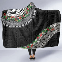 Fiji Hibiscus Hooded Blanket Tapa Masi Motifs with Tropical Plants LT03 One Size Black - Polynesian Pride