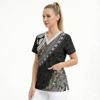 Fiji Hibiscus Scrub Top Tapa Masi Motifs with Tropical Plants