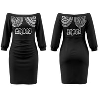 Samoa Traditional Tattoo Family Matching Off The Shoulder Long Sleeve Dress and Hawaiian Shirt Tribal Tatau Pattern LT03 Mom's Dress Black - Polynesian Pride