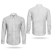 Samoa Lotu Tamaiti Couples Matching Off Shoulder Maxi Dress and Long Sleeve Button Shirt Tribal Tatau with Siapo Pattern LT03 - Polynesian Pride