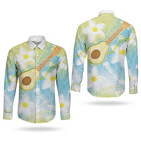 Hawaiian Ukulele Avocado Couples Matching Short Sleeve Bodycon Dress and Long Sleeve Button Shirt Leis and Polynesian Pattern