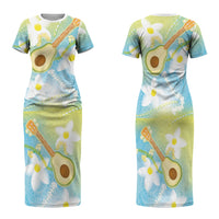 Hawaiian Ukulele Avocado Family Matching Short Sleeve Bodycon Dress and Hawaiian Shirt Leis and Polynesian Pattern LT03 Mom's Dress White - Polynesian Pride