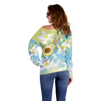 Hawaiian Ukulele Avocado Off Shoulder Sweater Leis and Polynesian Pattern