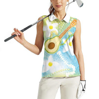 Hawaiian Ukulele Avocado Women Sleeveless Polo Shirt Leis and Polynesian Pattern