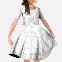 Tonga Faka Sepitema Kid Short Sleeve Dress Ngatu and Floral Pattern with Blooming Hibiscus LT03 KID White - Polynesian Pride