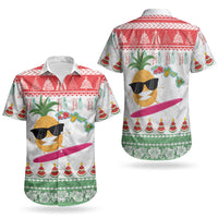 Hawaiian Mele Kalikimaka Couples Matching Off Shoulder Short Dress and Hawaiian Shirt Funny Pineapple Surfing with Map Christmas Stripe Elements LT03 - Polynesian Pride