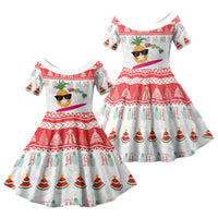 Hawaiian Mele Kalikimaka Family Matching Off The Shoulder Long Sleeve Dress and Hawaiian Shirt Funny Pineapple Surfing with Map Christmas Stripe Elements LT03 Daughter's Dress Multicolor - Polynesian Pride