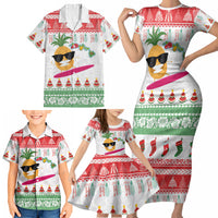 Hawaiian Mele Kalikimaka Family Matching Short Sleeve Bodycon Dress and Hawaiian Shirt Funny Pineapple Surfing with Map Christmas Stripe Elements LT03 - Polynesian Pride