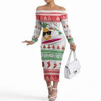 Hawaiian Mele Kalikimaka Off The Shoulder Long Sleeve Dress Funny Pineapple Surfing with Map Christmas Stripe Elements LT03 Women Multicolor - Polynesian Pride