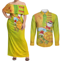 Hawaiian Mango Mele Kalikimaka Couples Matching Off Shoulder Maxi Dress and Long Sleeve Button Shirt Santa Claus Surfing with Turtle Mango Christmas LT03 Multicolor - Polynesian Pride