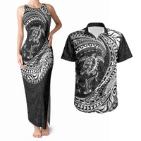 Hawaiian Turtle and Shark Couples Matching Tank Maxi Dress and Hawaiian Shirt Kakau Tribal with Polynesian Pattern Black Color LT03 Black - Polynesian Pride