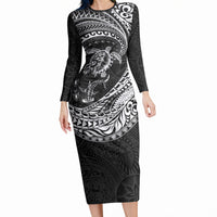 Hawaiian Turtle and Shark Long Sleeve Bodycon Dress Kakau Tribal with Polynesian Pattern Black Color LT03 Long Dress Black - Polynesian Pride
