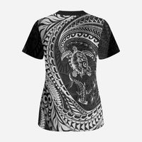 Hawaiian Turtle and Shark Scrub Top Kakau Tribal with Polynesian Pattern Black Color LT03 - Polynesian Pride
