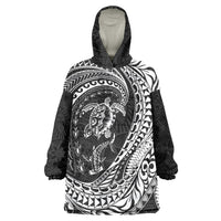 Hawaiian Turtle and Shark Wearable Blanket Hoodie Kakau Tribal with Polynesian Pattern Black Color LT03 One Size Black - Polynesian Pride