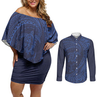 Hawaiian Turtle and Shark Couples Matching Off Shoulder Short Dress and Long Sleeve Button Shirt Kakau Tribal with Polynesian Pattern Blue Color LT03 Blue - Polynesian Pride