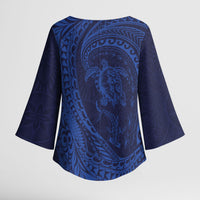 Hawaiian Turtle and Shark Kimono Sleeve Blouse Kakau Tribal with Polynesian Pattern Blue Color LT03 - Polynesian Pride