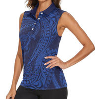 Hawaiian Turtle and Shark Women Sleeveless Polo Shirt Kakau Tribal with Polynesian Pattern Blue Color LT03 - Polynesian Pride