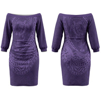 Hawaiian Turtle and Shark Couples Matching Off The Shoulder Long Sleeve Dress and Hawaiian Shirt Kakau Tribal with Polynesian Pattern Purple Color LT03 - Polynesian Pride