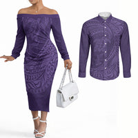 Hawaiian Turtle and Shark Couples Matching Off The Shoulder Long Sleeve Dress and Long Sleeve Button Shirt Kakau Tribal with Polynesian Pattern Purple Color LT03 Purple - Polynesian Pride